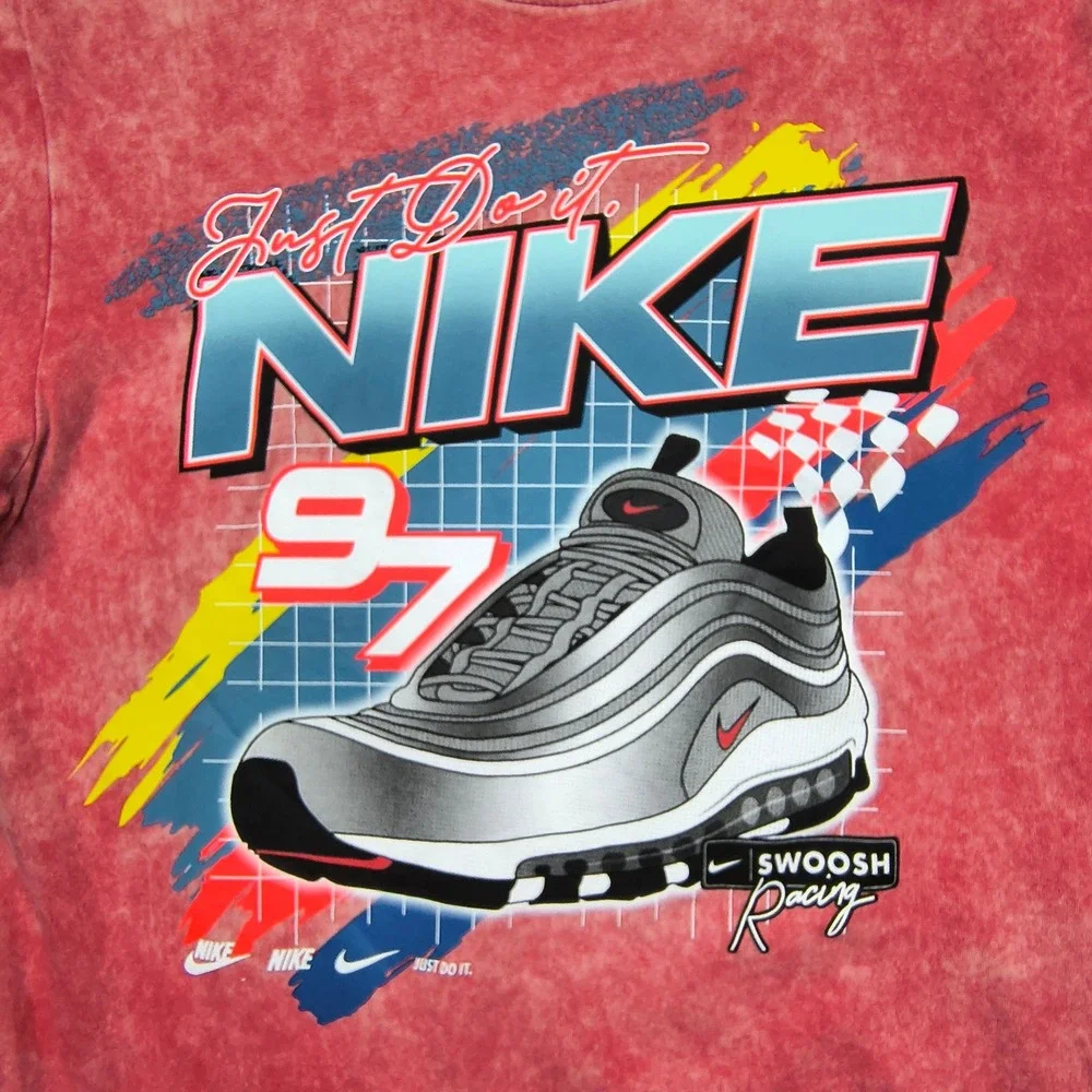 Nike Mens Air Max 97 Swoosh Racing Graphic‎ T-Shirt Red Acid Wash Small Nascar